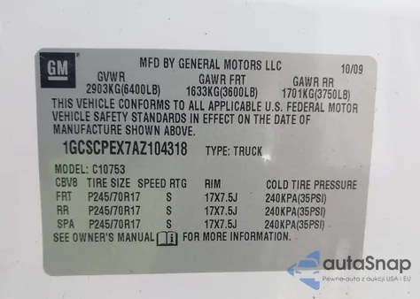 2010 Chevrolet Silverado 1500 Work Truck from USA, damaged, VIN 1GCSCPEX7AZ104318